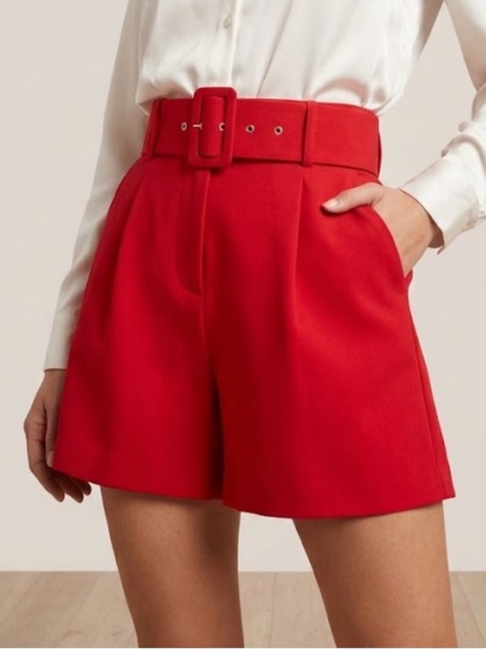 Zara Red High-Waist Belted Tailored Shorts Size L NWOT